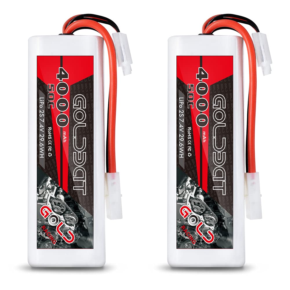 GOLDBAT 4000mAh 50C 2S 7.4V LiPo Battery with TAMI YA Plug, Pack of 2, for RC Cars, Includes Tamiya Plug