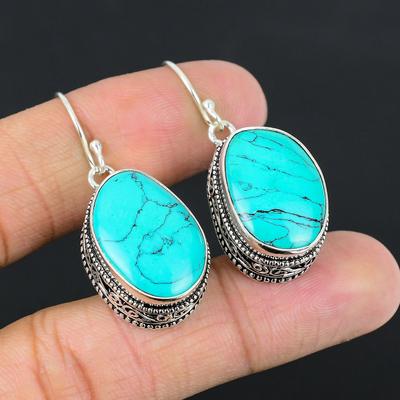 925 Sterling Silver Santa Rosa Turquoise Gemstone Dangling Hook Earrings Jewelry