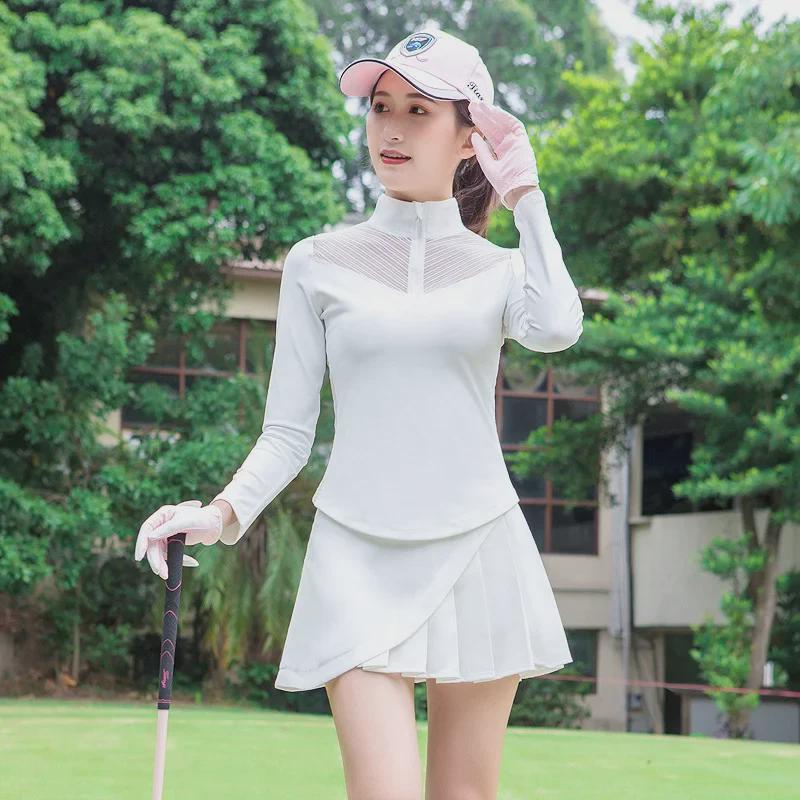 Women's Golf Outfit: Spring & Autumn Long-Sleeve T-Shirt with Short Lace Skirt, Korean Style, Slim Fit Sportswear