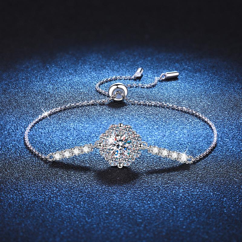 S925 Sterling Silver Adjustable Sunflower Bracelet with Moissanite, D Color, 1 Carat for Women