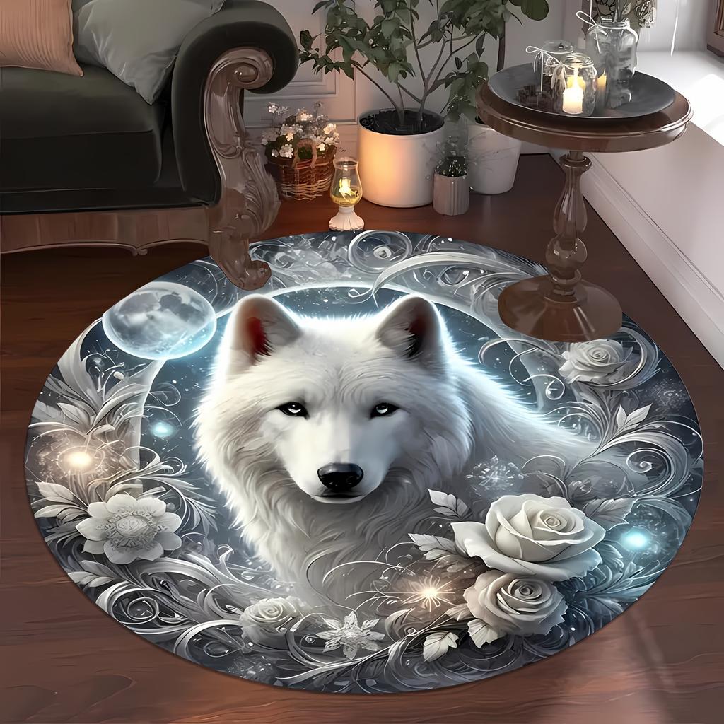 Elegant White Rose and Wolf Pattern Design Round Area Rug for Living Room, Bedroom and Patio Decor