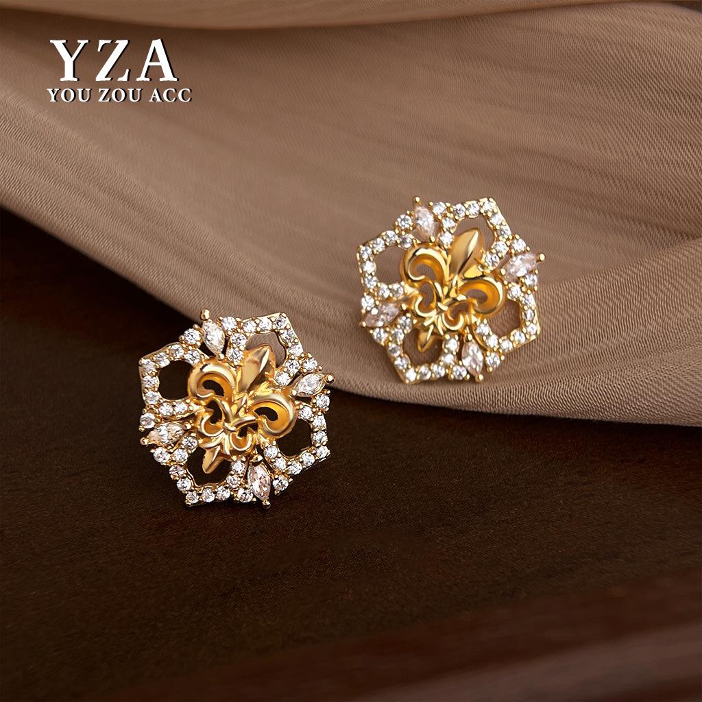 Vintage French-Style Iris Openwork Zircon Earrings - Luxurious, Versatile, High-End Women's Jewelry