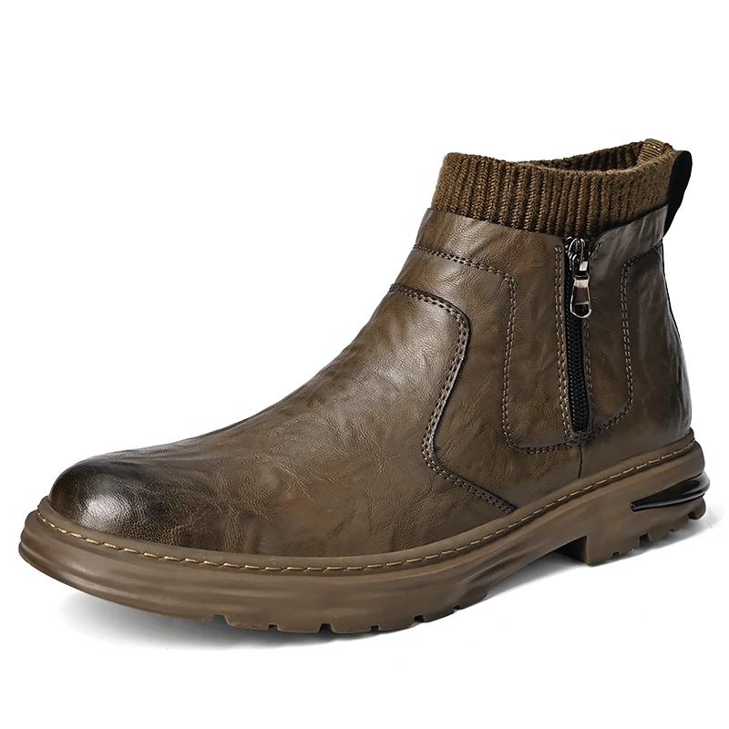 New Men Fashion Ankle Boot Casual Leather Lightweight Side Zipper Outdoor Boot Men Classic Breathable Work Shoes Winter Non Slip