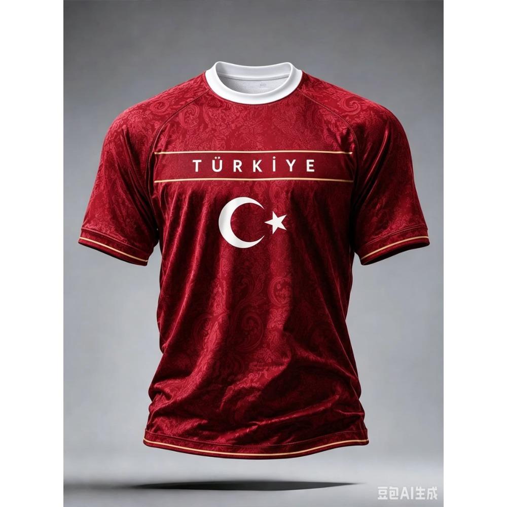 Türkei Fußballtrikot Rot Vollprint TÜRKIYE Halbmondstern Abzeichen Goldene Linie Ärmelmanschette Sportfan Kurzarm Unisex Oberteile Kleidung