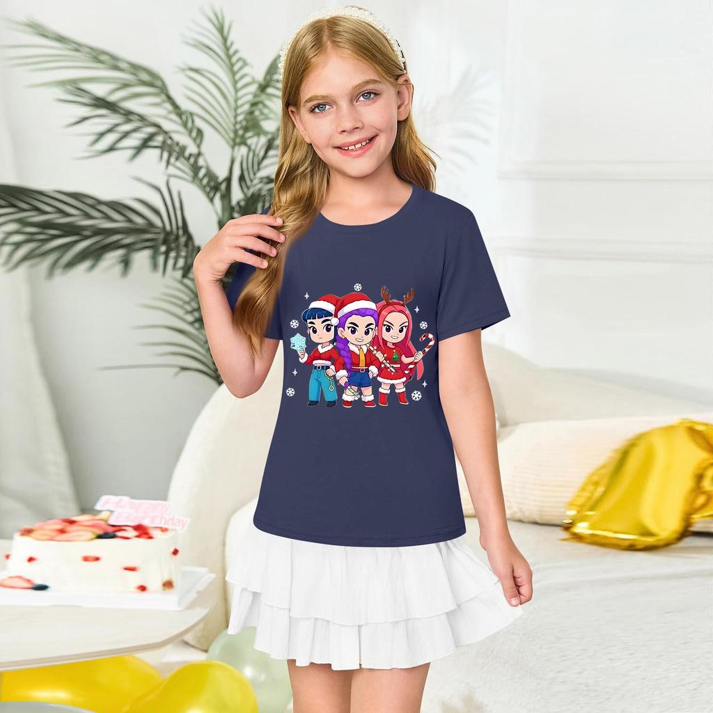 Girls' Round Neck Short Sleeves Christmas Witch  Group Print Casual Short Sleeves