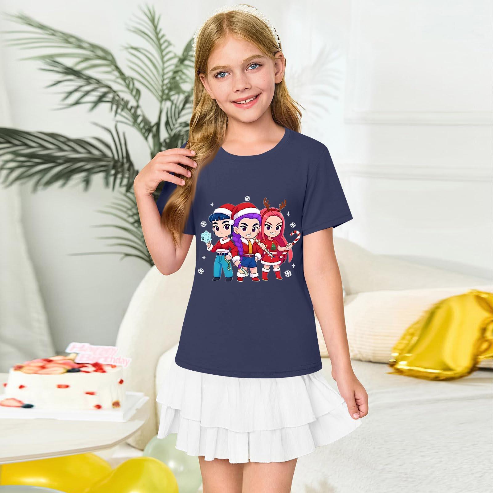 

Girls Round Neck Short Sleeves Christmas Witch Group Print Casual Short Sleeves 100