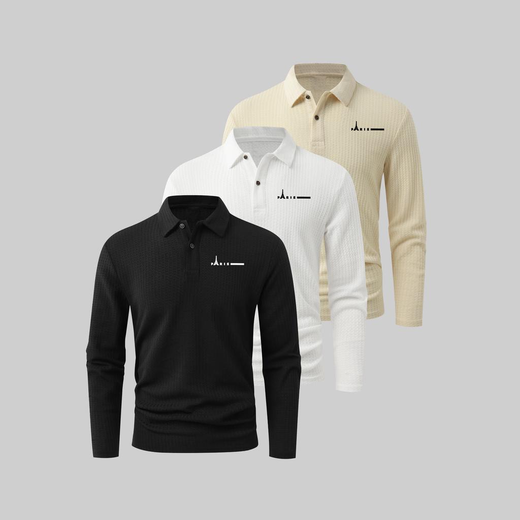 Men's Long-Sleeve Polo Shirts—Casual Everyday Printed Polos, Moisture-Wicking Sports and Golf Shirts, Two-Button Collar Shirts (3-Pack)