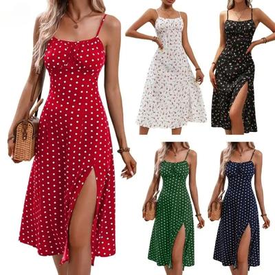 Rochie elegantă cu imprimeu și crăpătură laterală, decolteu pătrat, la modă, casual, pentru plajă, petrecere de nuntă, rochie midi pentru femei și fete