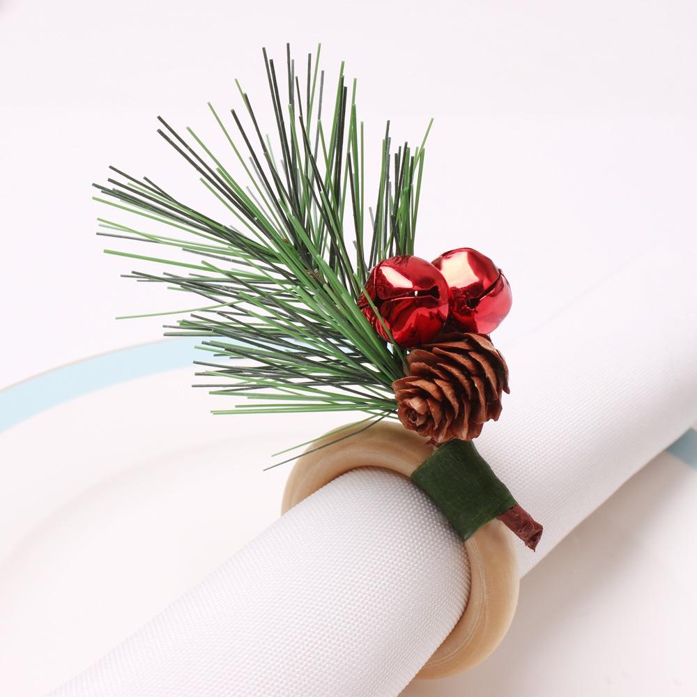 6pcs with Red Berries Christmas Pine Needle Napkin Ring Wooden Napkin Buckle Restaurant