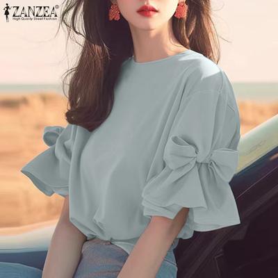 Moda feminina gola redonda lanterna manga curta blusas amarradas