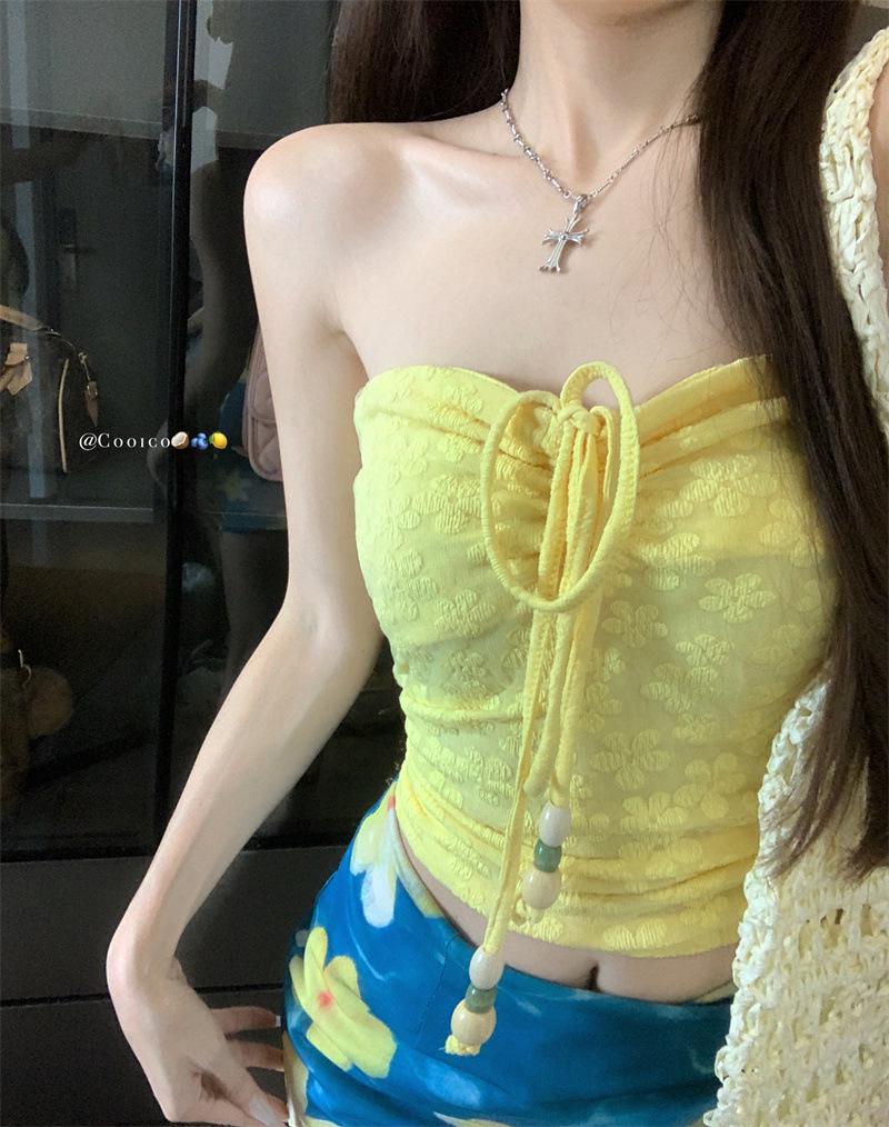 Women's Yellow Strappy Halter Tank Top and Bodycon Midi Skirt Set