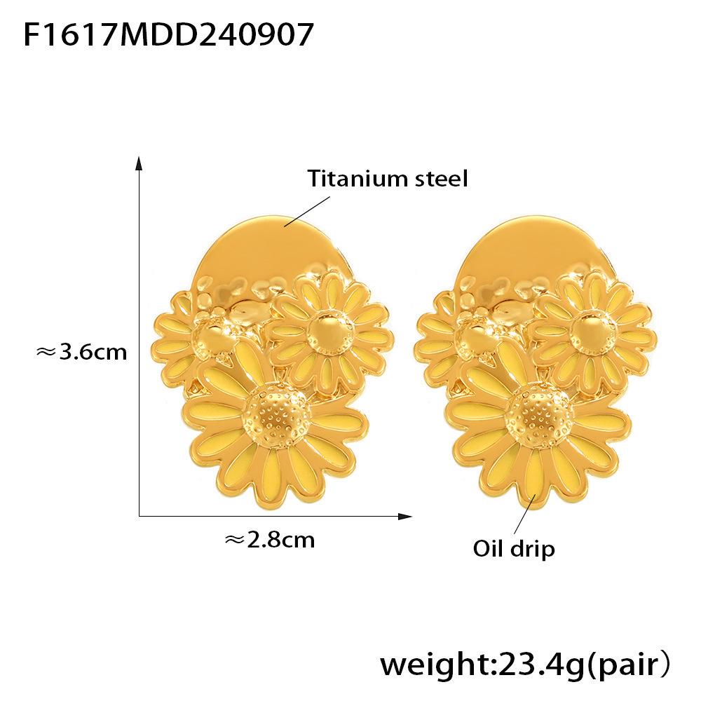 Chrysanthemum Earrings: 18K Gold Daisy Drip Oil Titanium Steel Studs, Retro INS Style for Women.