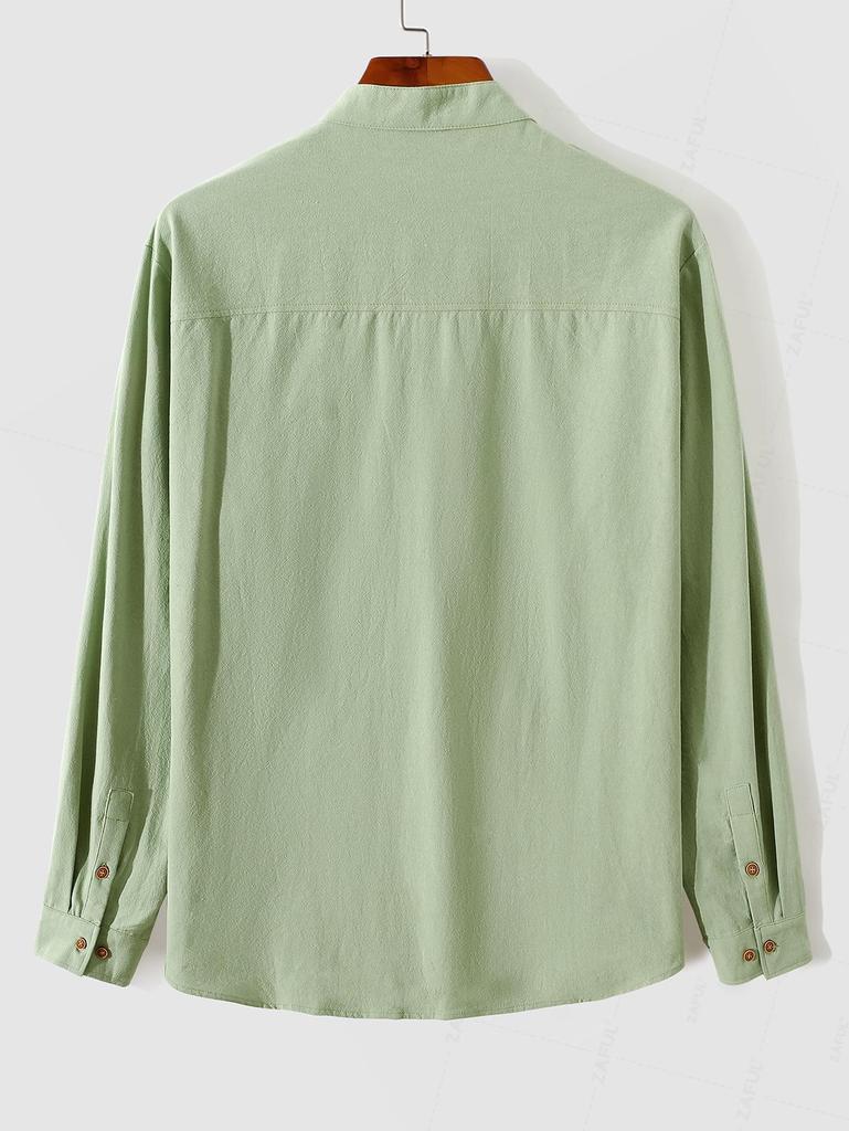 ZAFUL Men's Minimalist Style Cotton and Linen Textured Front Pocket Design Half Button Stand Collar Pullover Long Sleeves Shirt