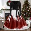 Women's Casual Vintage V-Neck Long Sleeve Dress with Christmas Print