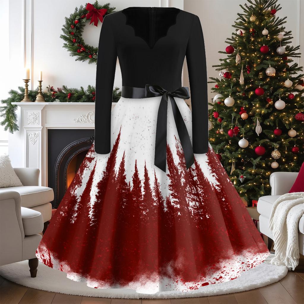 Women's Casual Vintage V-Neck Long Sleeve Dress with Christmas Print