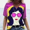 Ladies' V-neck T-shirt 3D Digital Printing Art Abstract Face Fashion Casual Trend Printed Short Sleeved Shirt
