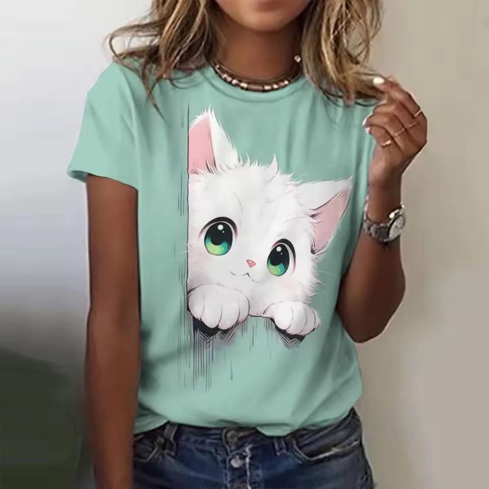 Summer Round Neck 3D Animal Cat Print Top Fashionable Casual Short Sleeved Women's T-shirts
