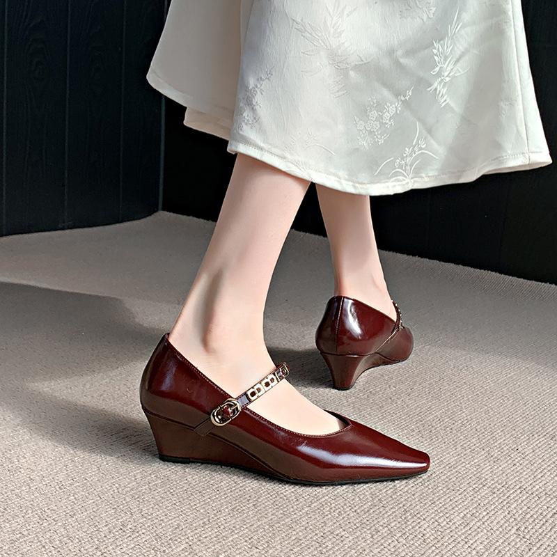 Pointed single shoes women's new fashion high heel one-word buckle with wedge heel thick sole shallow mouth small leather shoes women's shoes