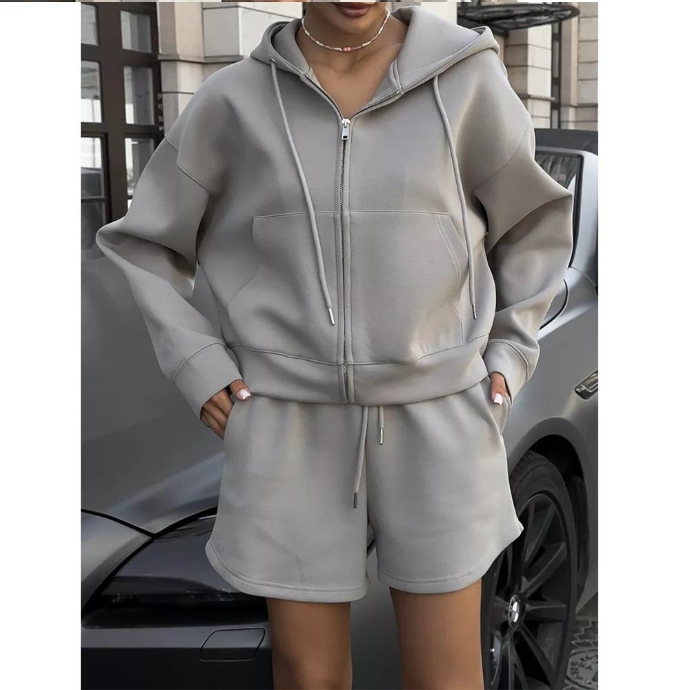 Módní dámská sportovní košile s kapucí a velkou kapsou, šortky, dvoudílná ležérní sada pro ženy