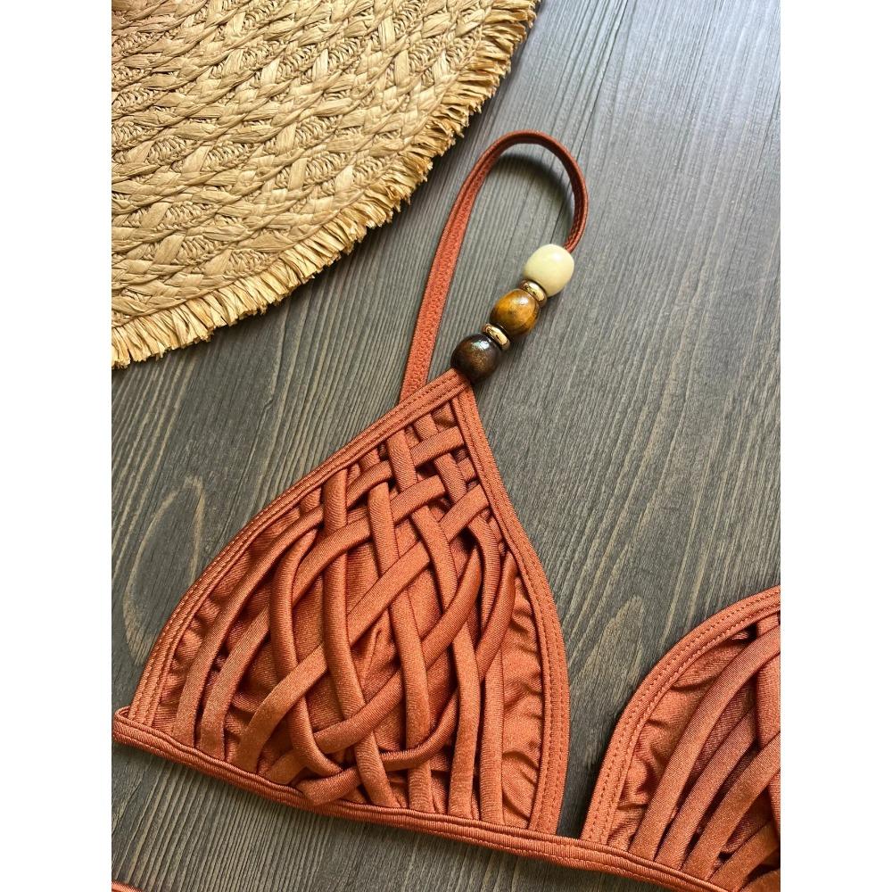 Sexy Brown Bikini Set 2026 Women Pearls Strap Hole Out Push Up Bra Thong Swimsuit Brazilian Beach Bathing Suit Micro Swimwear