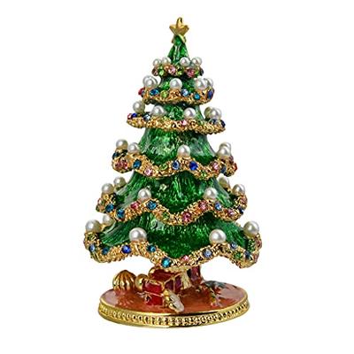 FJ FENGZHIJIE Golden Crystal Enamel Christmas Tree Jewelry Box, Hand-Painted Hinged Holiday Trinket Box, Elegant Home Decor & Unique Gift for Men and