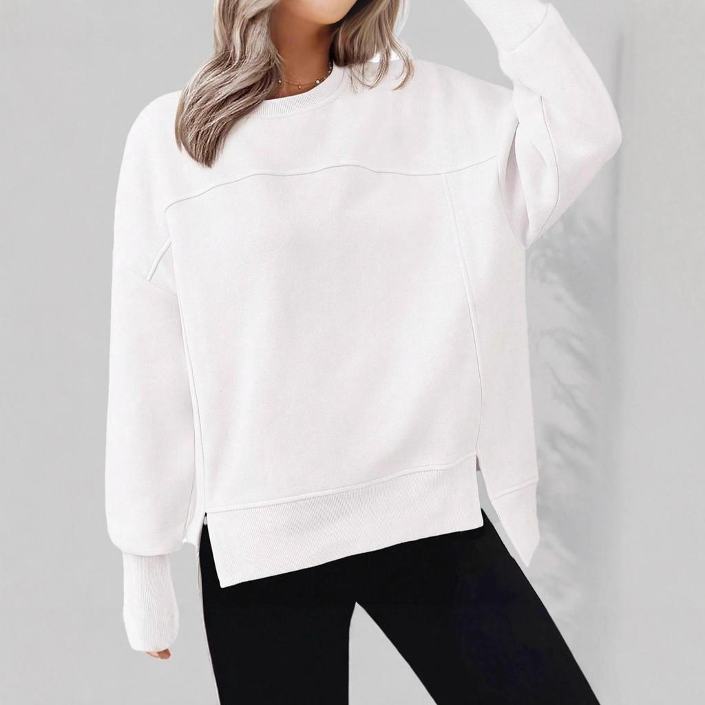 Women's Casual Crew Neck Sweatshirt Long Sleeve Side Split Solid Color Spring Autumn and Winter Pullover Hoodie Sweatshirt Sports On