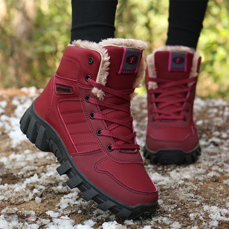 910 lace-up non-slip couple snow boots winter velvet warm hiking shoes new outdoor high-top cotton shoes