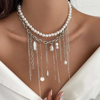 Salircon Elegant Imitation Pearl Necklace Women Vintage Metal Chain Tassel Necklace Party Wedding Fashion Jewelry Girls Gift