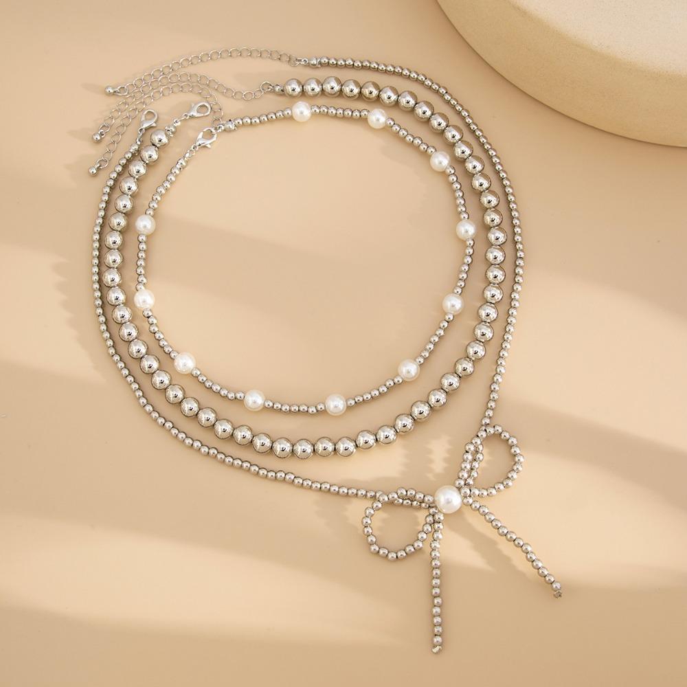 Charm Imitation Pearl Clavicle Chain Multi-layer Bowknot Pendant Choker  Summer