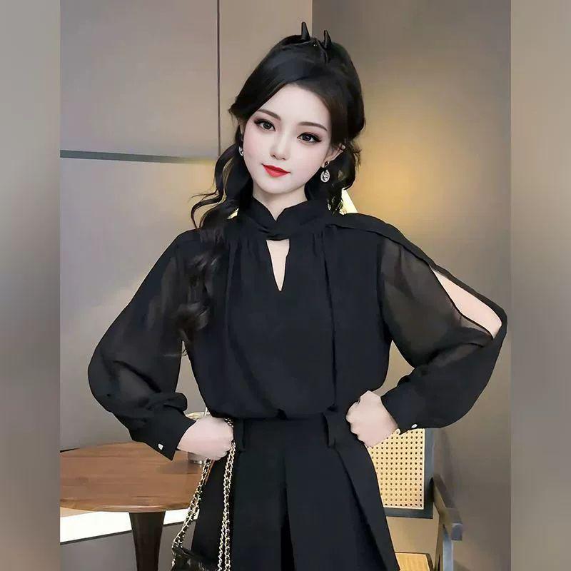 

High-End Slim-Fit Autumn Suit: Two-Piece Set with Long-Sleeved Chiffon Hollow-Design Shirt and Stylish Pants S [80-98 lbs]