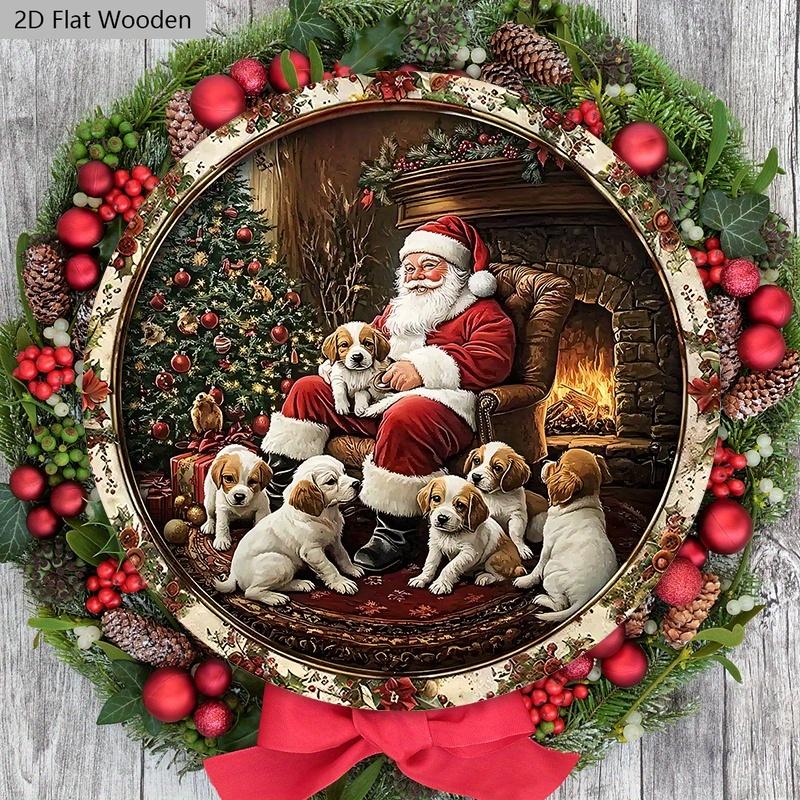 Rustic Christmas Wooden Sign with Santa Claus & Dogs Pattern - Navidad Artwork for Front Door, Wall Hanging Decor - Ideal Christmas Decoration