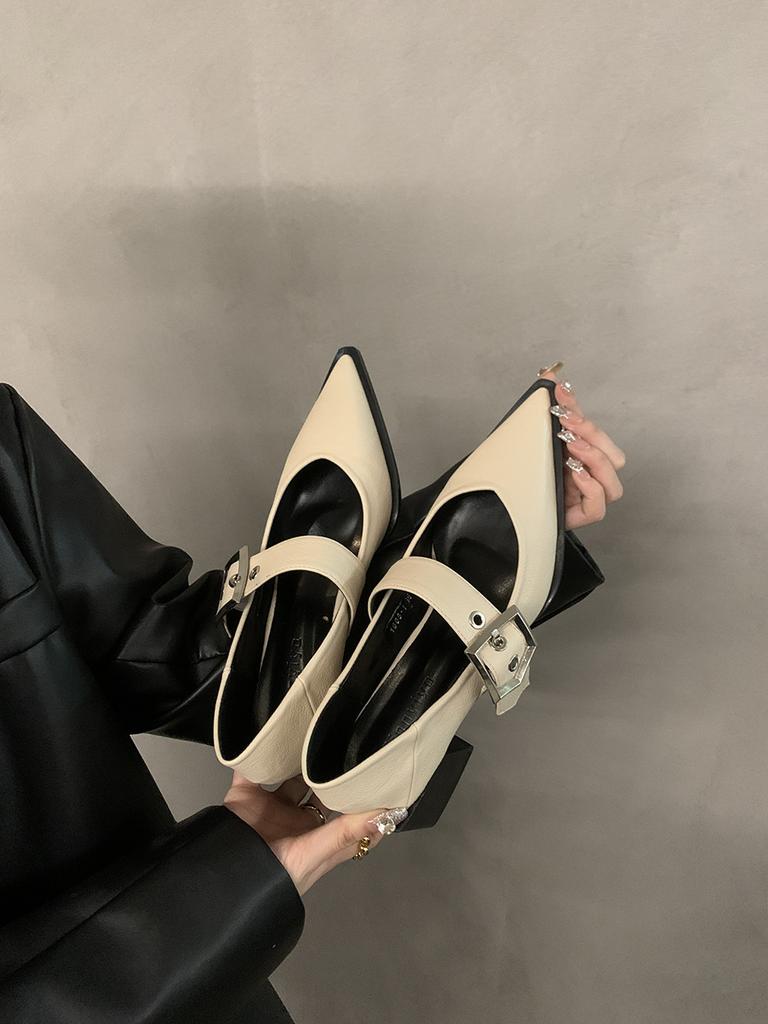 Retro pointed Mary Jane small leather shoes women's autumn and winter new French thick heel single shoes