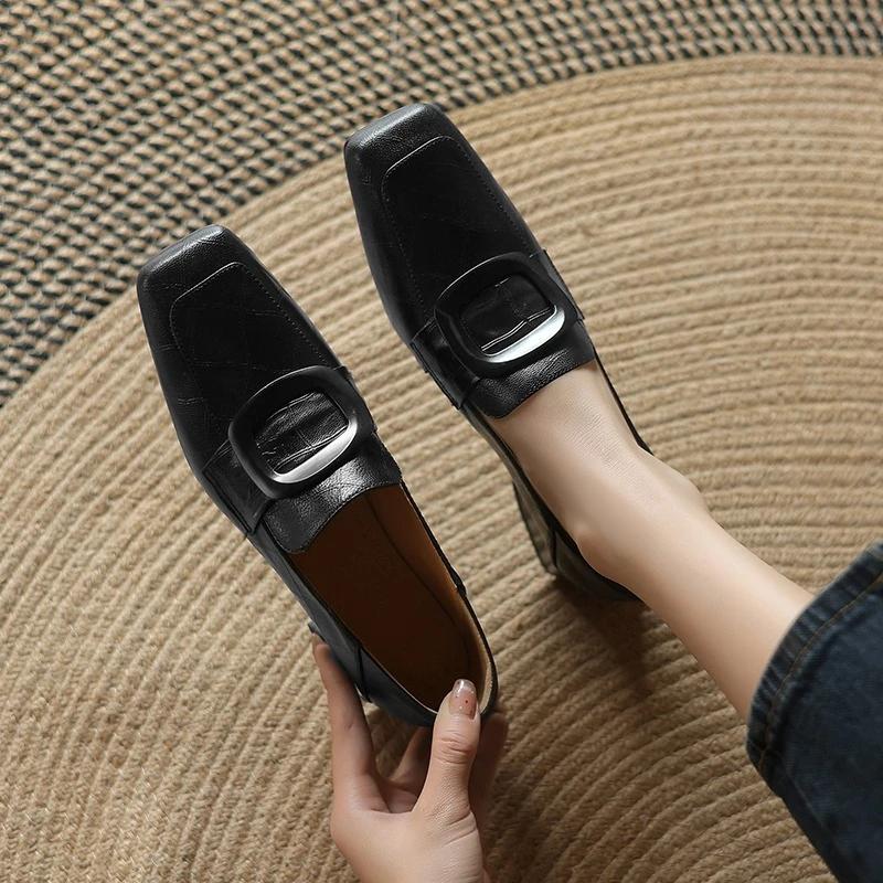 Women Shoes Retro Handmade Leather Casual Shoes Square Toe Design Shallow Mouth Single Shoes Women Leather Loafers Zapatos Mujer