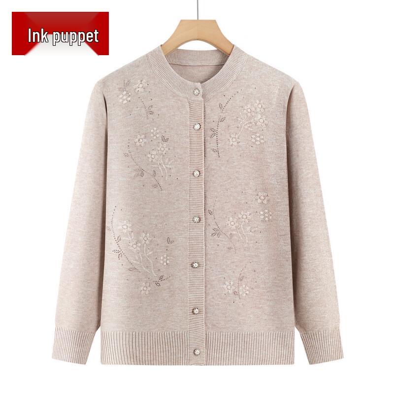Women's Floral Embroidered Crew Neck Knit Cardigan for Seniors
