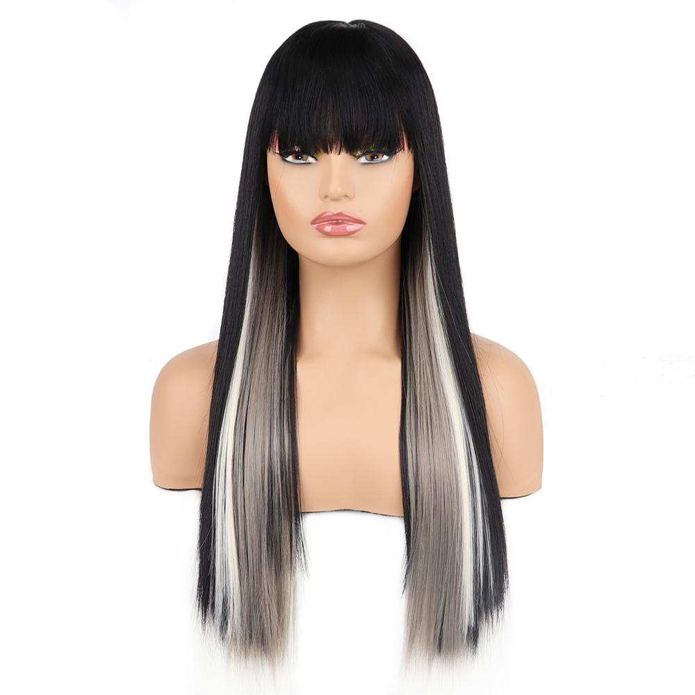 MISSQUEEN Long Black and Grey Straight Synthetic Heat Resistant Fiber Wig for Women Pink Gold Wig Cosplay Lolita Wig