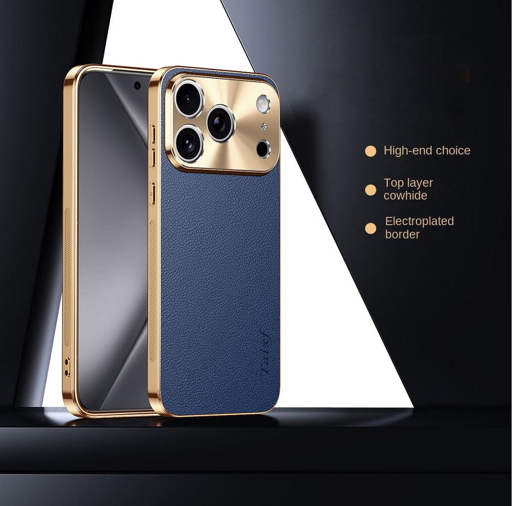 

First Layer of Cowhide Lychee Texture Electroplated Frame Case For iPhone 17 Pro Max Air 16e 16 15 Pro 14 13 Lens Protect Cover iPhone17 Pro Max