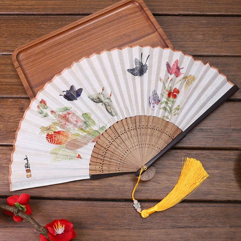Vintage Chinese Cheongsams Folding Fan with Butterfly Flower Pattern Wood and Cotton Linen Handheld Fan with Tassels