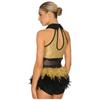 Damen Glitzernder Pailletten Farbblock Body Netz-Taille Feder Saum Ärmelloser Cutout Leotard