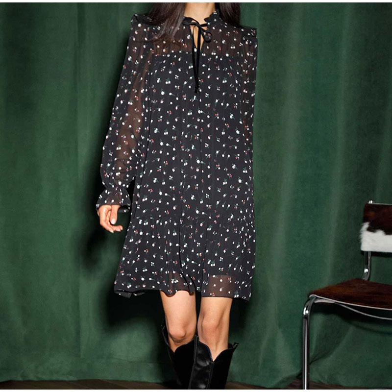 

Женское мини-платье с рюшами и цветочным принтом, элегантное модное плиссированное платье с v-образным вырезом и пышными рукавами, женское повседневное шикарное шифоновое расклешенное платье L чёрный