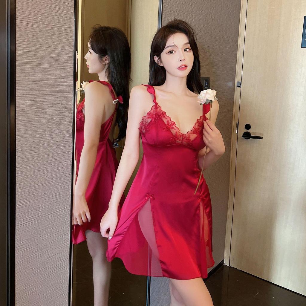 Sexy pajamas women's pure desire style high sense summer ice silk lace nightdress suspender summer style mood with chest pad summer