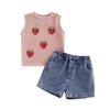 Toddler Baby Girl Summer Outfit 3D Strawberry Tank Tops and Denim Shorts 2 Piece Set