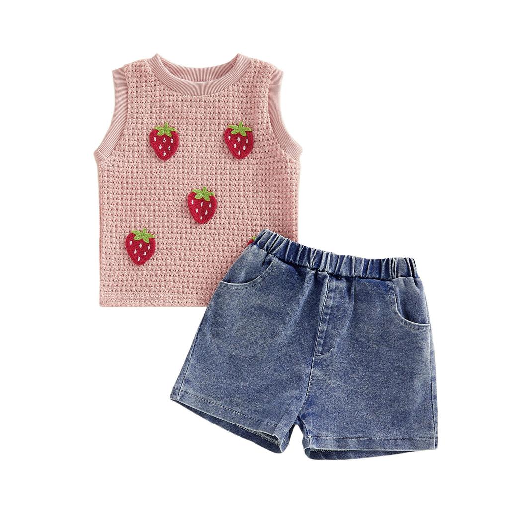 Toddler Baby Girl Summer Outfit 3D Strawberry Tank Tops and Denim Shorts 2 Piece Set