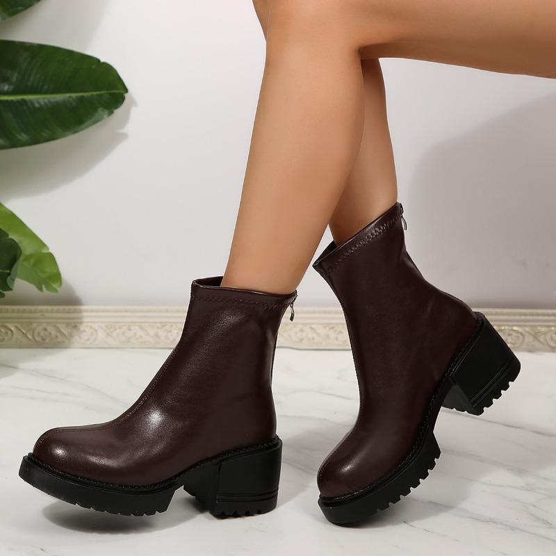 Women Fashion Boots Round Toe Platform Sole Square Heel Back Zipper Short Boots Retro All-match Waterproof Platform Autumn Boots