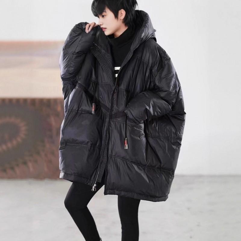 Womens Mid-Length Down Jacket Winter Warm Loose Fit Hooded Coat With Pockets White Duck 50% Fill Power