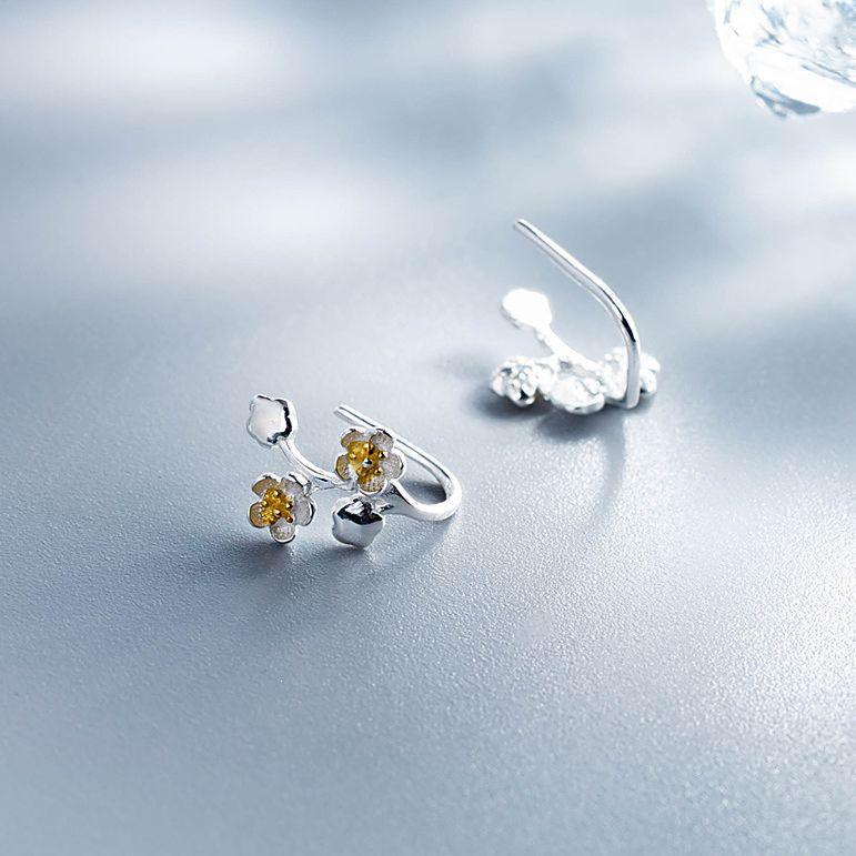 Elegant Plum Blossom Silver Ear Cuffs: Japanese-Korean Artistic Stud Earrings for Women