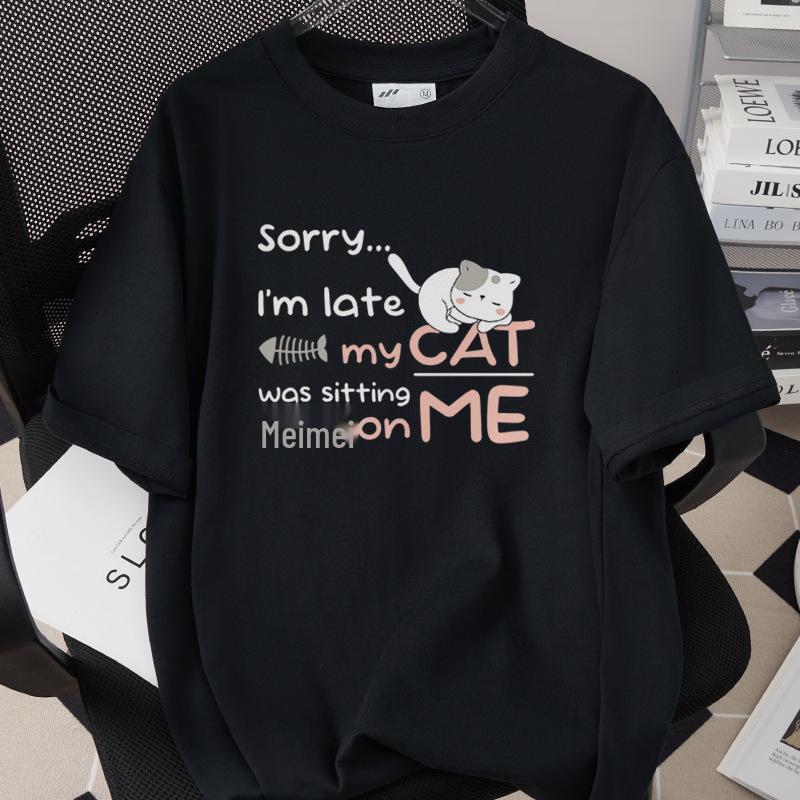 Trendiges Grenzüberschreitendes Katzen-Print-T-Shirt, 260g Reine Baumwolle, Kurzarm, Einfach 1002-45