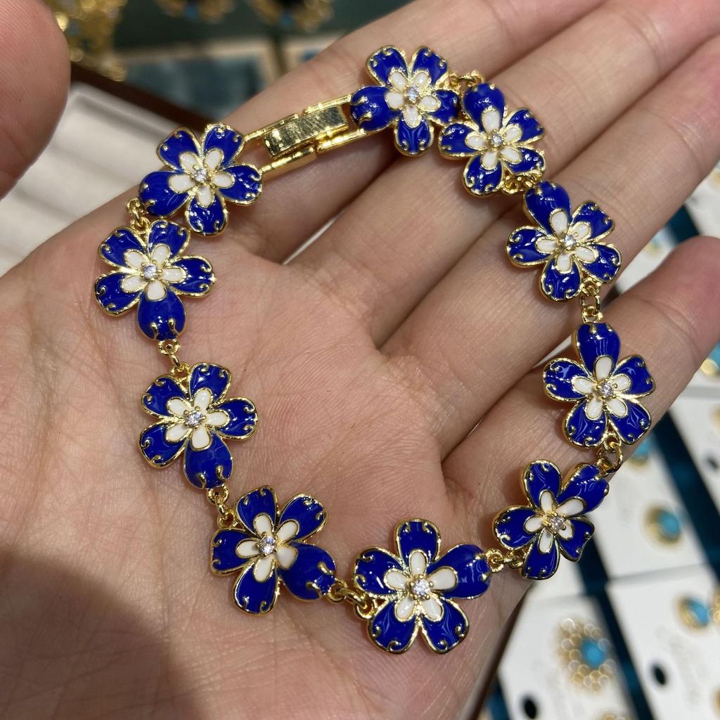 Delicate Small Fresh Enamel Dripping Oil Blue And White Flower Necklace Bracelet Stud Earrings Jewelry Versatile Bracelet Bracelet Women