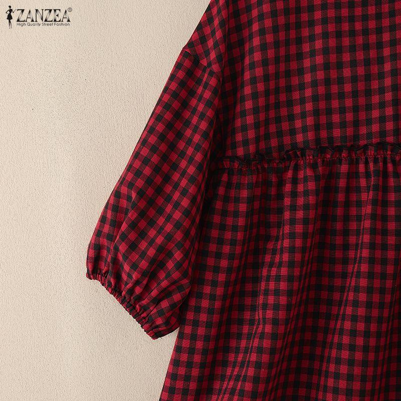 ZANZEA Women Casual Round Neck Half Sleeve Loose Plaid Print Blouse