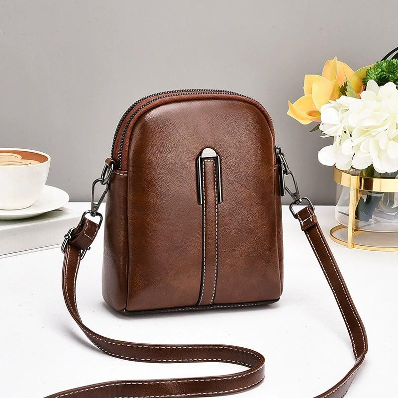 Borsa Piccola a Tracolla da Donna Retrò in Ecopelle con Doppia Cerniera Tracolla Regolabile Tasche Multiple con Zip
