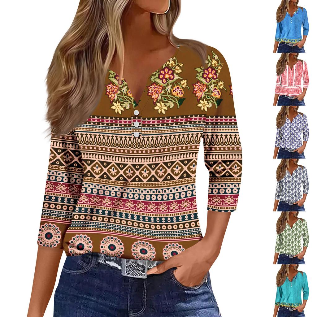 Women's Fashion Casual Seven Split Sleeve Burst Vintage Floral Print Pullover Top